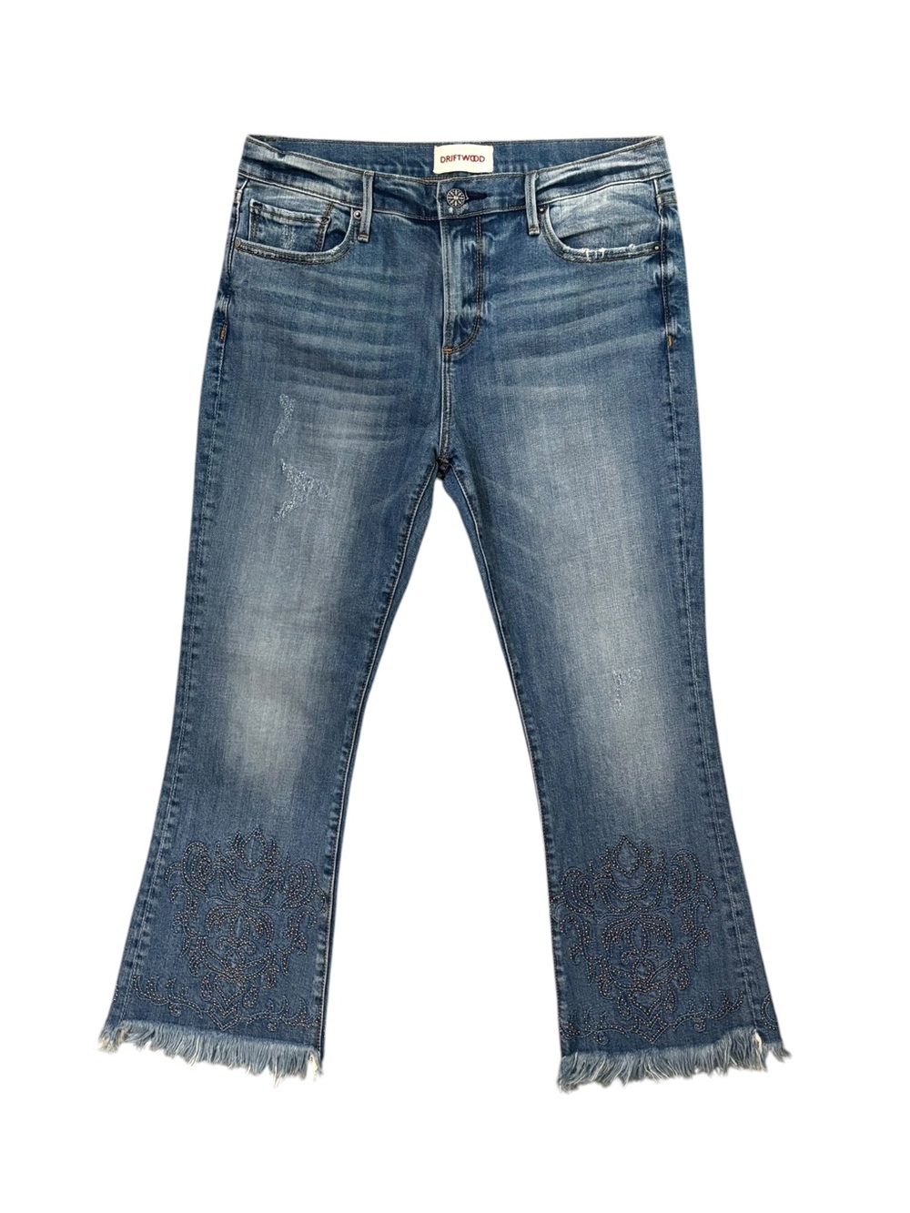 NWOT DRIFTWOOD Roxy Crop Flare Studded Frayed Fringe Raw Hem Jeans Size 30